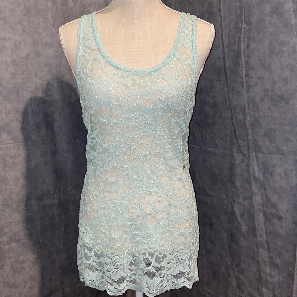 Sheer Mint green lace accent top